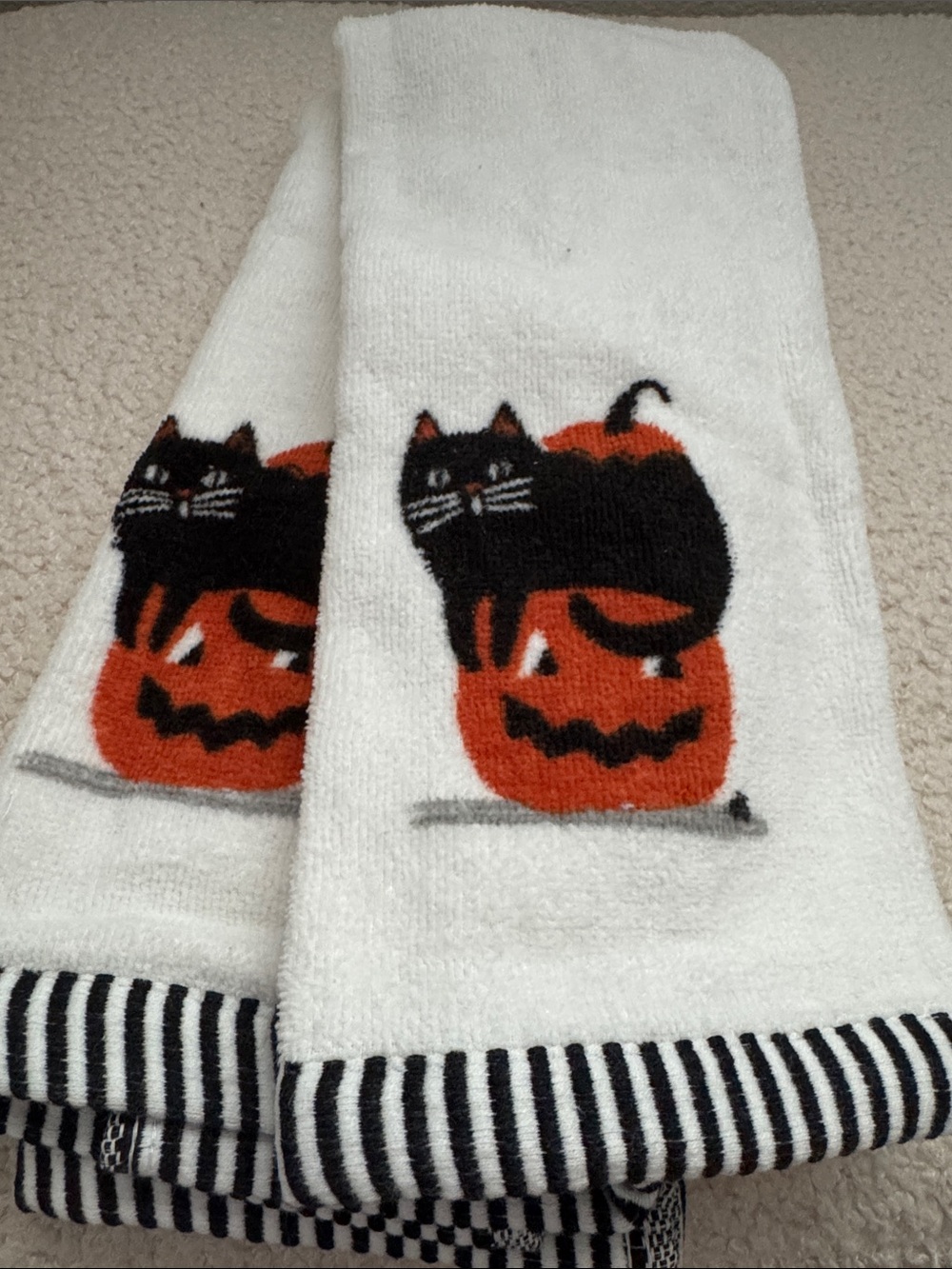 White Halloween Kitchen Towel’s (2) with Black Cat and Orange Pumpkin